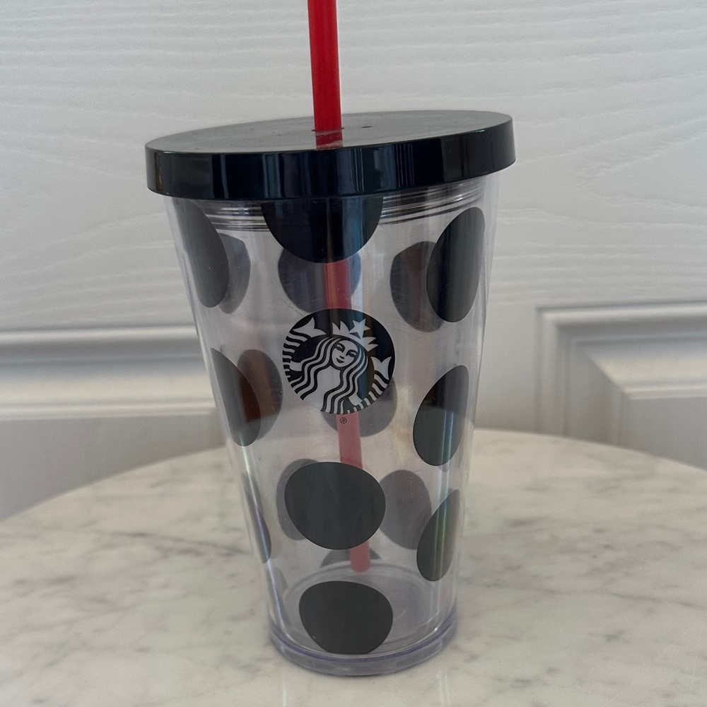 Starbucks Clear Tumbler with Black Dots and Red Straw